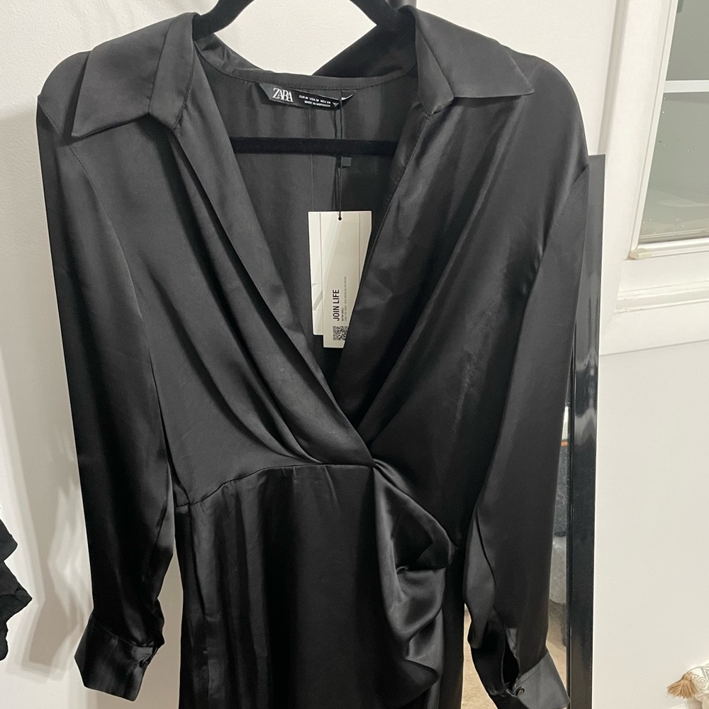 Zara Black Short Satin Effect Dress with Lapel Collar Sz Med